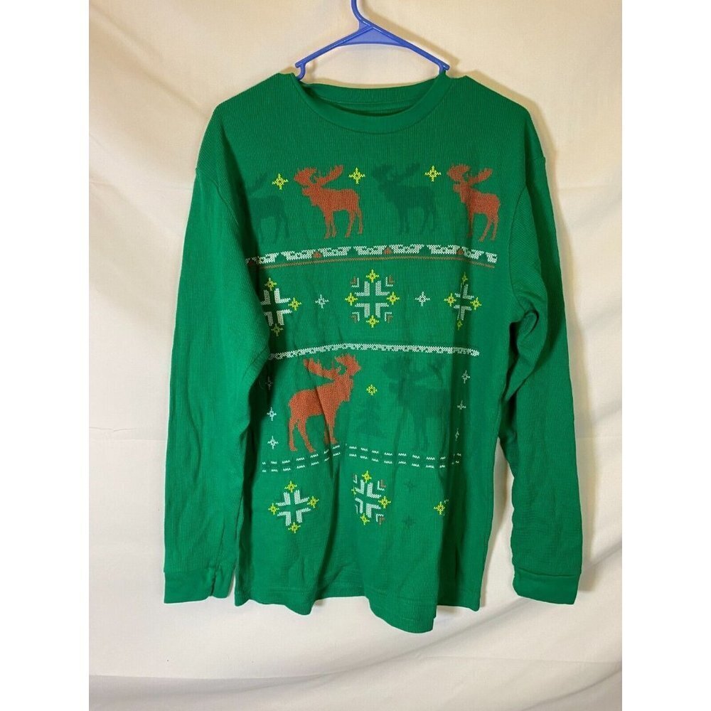 Men’s Ugly Christmas Sweater Green Thermal Moose Large